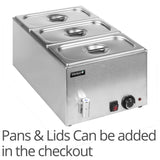 Electric bain marie full gastronorm size counter top with 3x 1/3 150mmh GN pans and lids